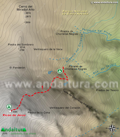 Mapa Topográfico y georeferenciado a escala 1:25000 de la Integral de Sierra Nevada desde el Picón de Jérez al Sendero Solidario El Avión - PR-A 344 - Paratas de Chorreras Negras