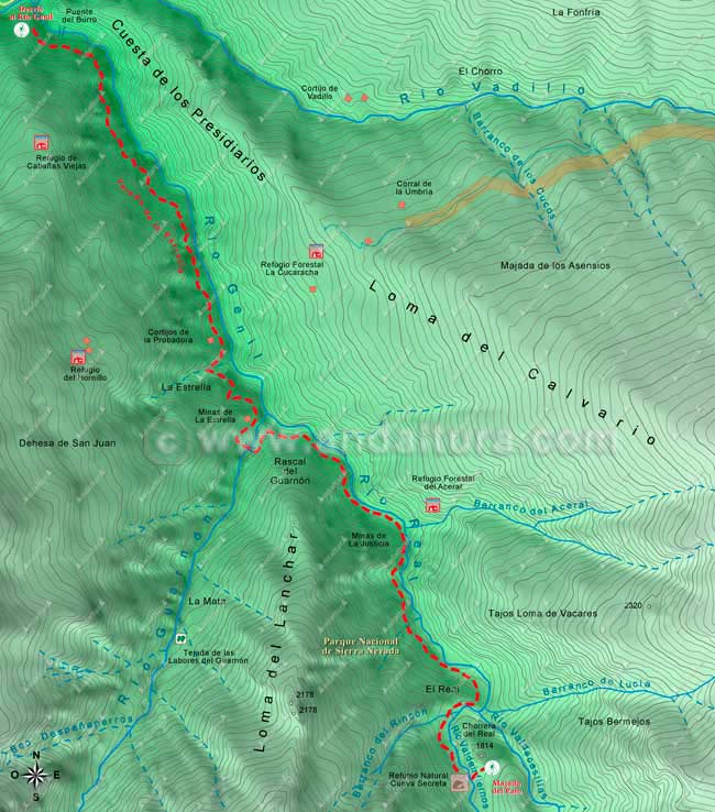 Mapa Cartográfico 2 de la Ruta desde Güejar-Sierra al Mulhacén - Tramo desvío del río Genil a la Majada del Palo