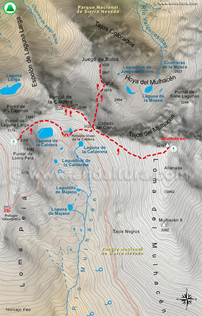 Mapa Topográfico y georeferenciado a escala 1:25000 de la Integral de Sierra Nevada desde Loma Pelá al Múlhacén