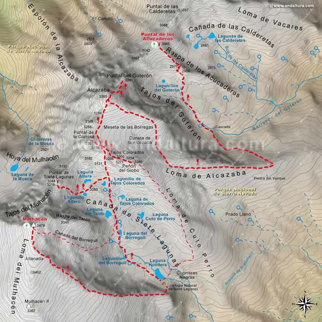 Mapa Topográfico y georeferenciado a escala 1:25000 de la Integral de Sierra Nevada desde el Múlhacén al Puntal de los Acucaderos por Siete Lagunas
