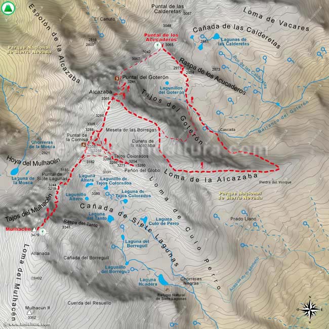 Mapa Topográfico y georeferenciado a escala 1:25000 de la Integral de Sierra Nevada desde el Múlhacén al Puntal de los Acucaderos por la arista