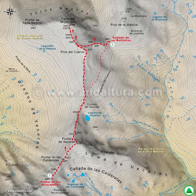Mapa Topográfico y georeferenciado a escala 1:25000 de la Integral de Sierra Nevada desde el Puntal de los Acucaderos al Collado de las Buitreras