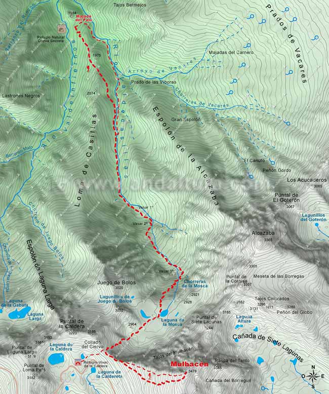 Mapa Cartográfico 3 de la Ruta desde Güejar-Sierra al Mulhacén - Tramo de la Majada del Palo al Mulhacén
