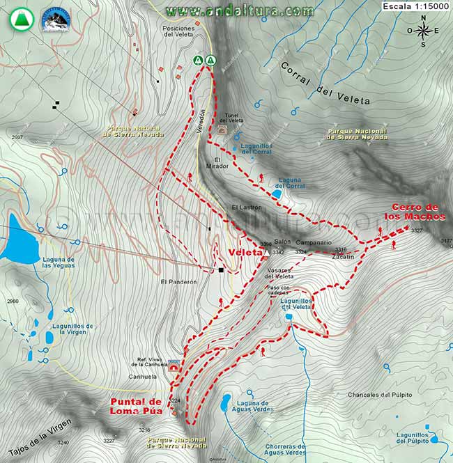 Mapa Cartográfico de la Ruta de Senderismo circular por el Veleta, Cerro de los Machos y Puntal de Loma Pua