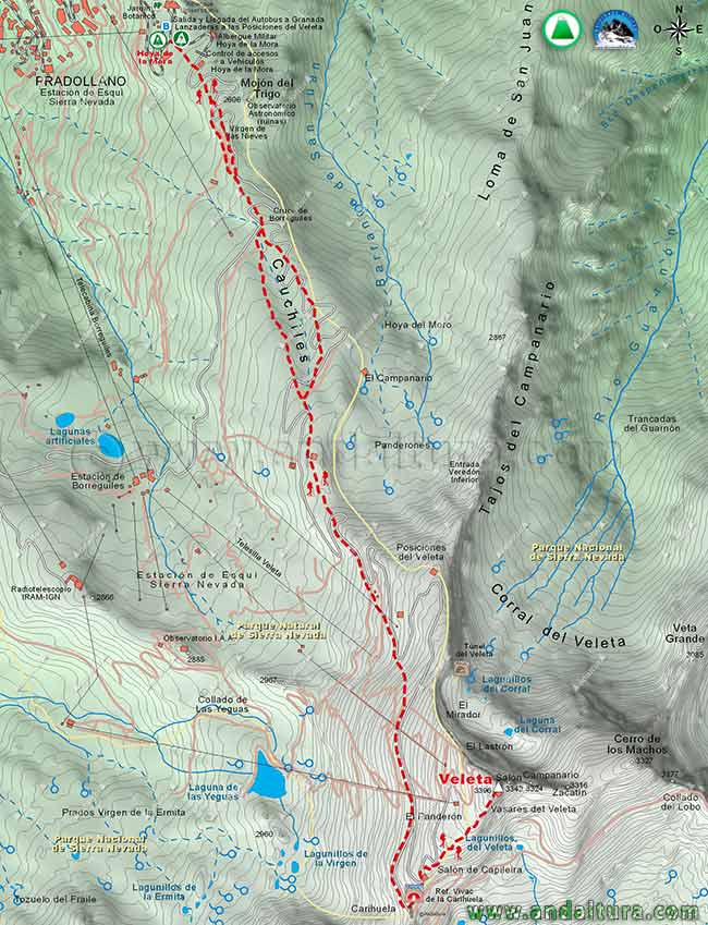 Mapa Cartográfico de la Ruta de Senderismo desde la Hoya de la Mora al Veleta por la Carihuela