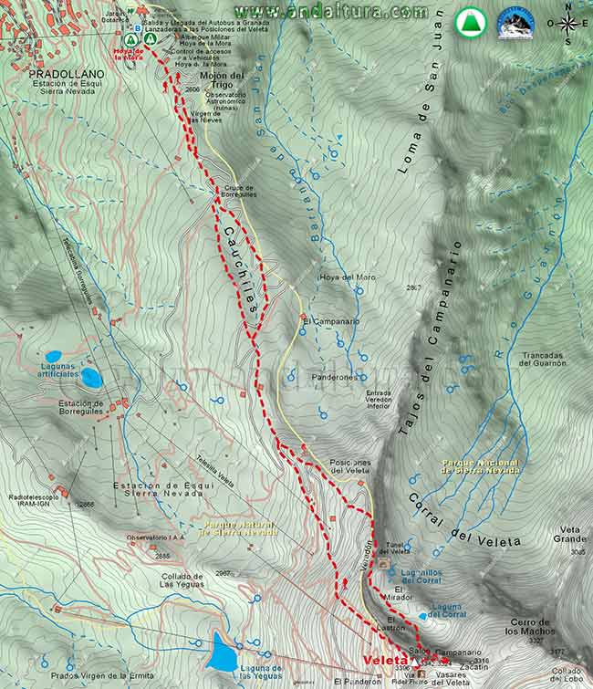 Mapa Topográfico de la Ruta de Senderismo desde la Hoya de la Mora en Pradollano al Veleta por la Vía de Escalada Fidel Fierro