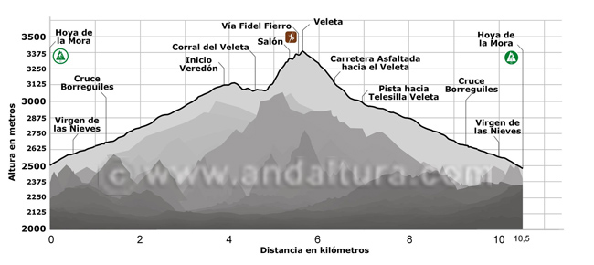 Perfil de la Ruta desde la Hoya de la Mora al Veleta por la vía Fidel Fierro