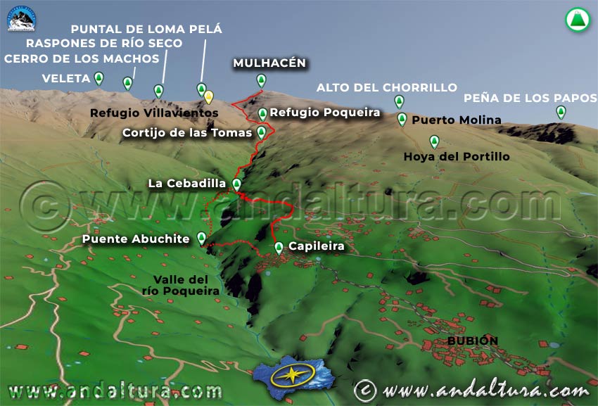 Imagen virtual 3D de la Ruta desde Capileira al Mulhacén por la Cebadilla