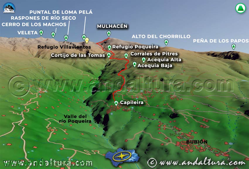 Imagen virtual 3D de la Ruta desde Capileira al Mulhacén por las Acequias