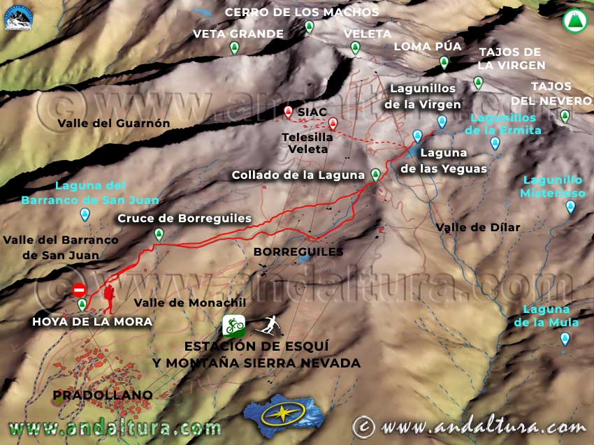 Imagen virtual 3D de la Ruta desde la Hoya de la Mora al Veleta a los Lagunillos de la Virgen y la Laguna de las Yeguas