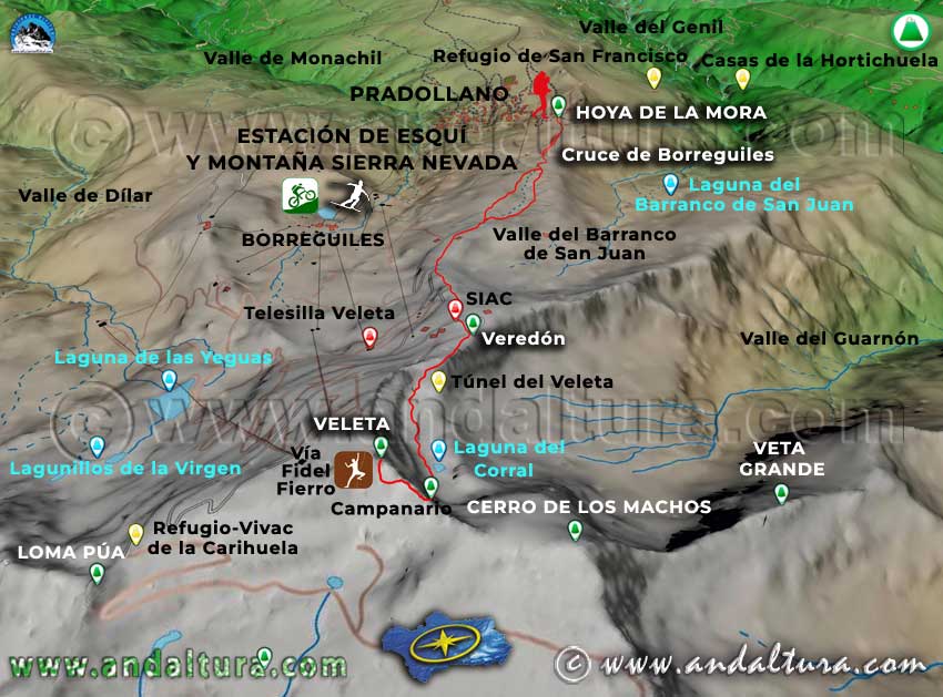 Imagen virtual 3D de la Ruta desde la Hoya de la Mora al Veleta por la Vía de escalada Fidel Fierro
