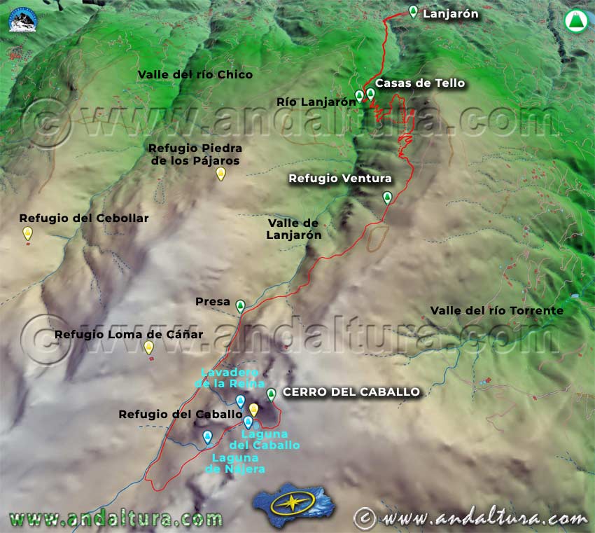 Imagen virtual 3D del Mapa Cartográfico de la Ruta de Lanjarón al Cerro del Caballo por el río Lanjarón
