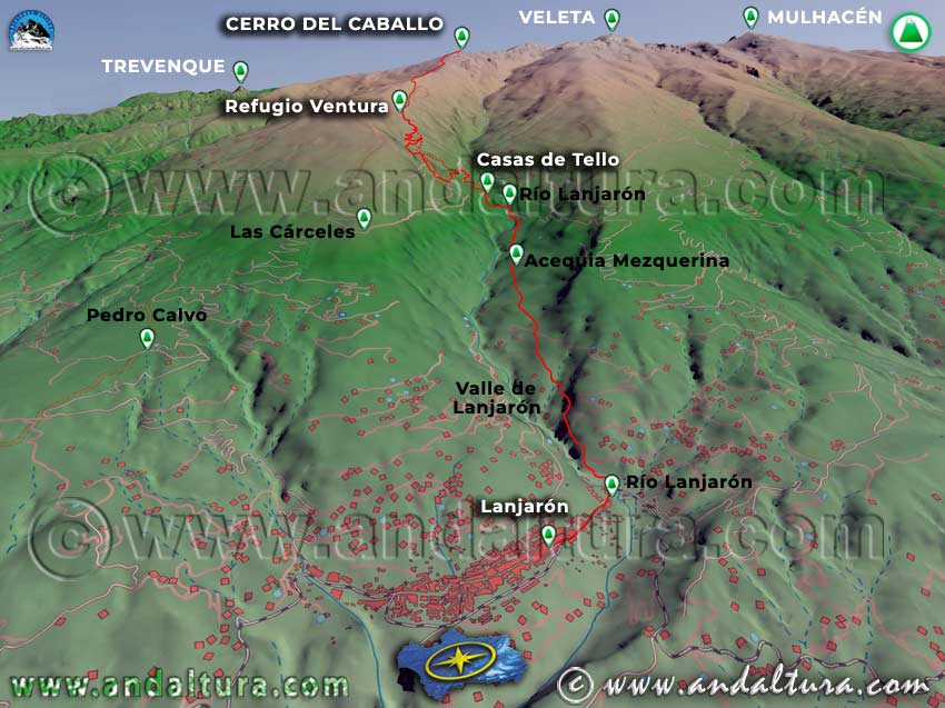 Imagen virtual 3D del Mapa Cartográfico de la Ruta de Lanjarón al Cerro del Caballo por la Loma de Lanjarón