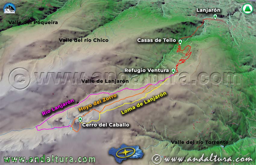 Imagen virtual 3D del Mapa de las Rutas de Lanjarón al Cerro del Caballo