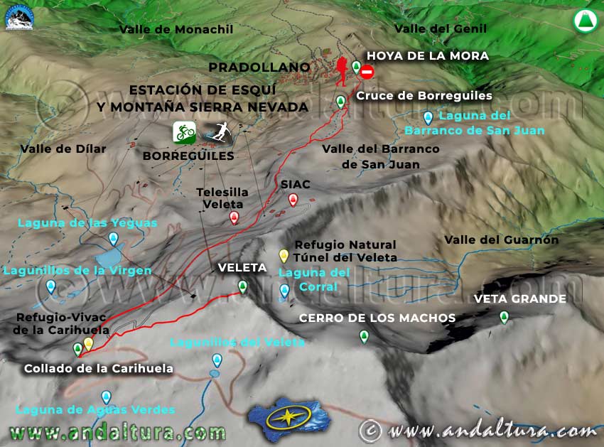 Imagen virtual 3D del Mapa de la Ruta al Veleta por la Carihuela