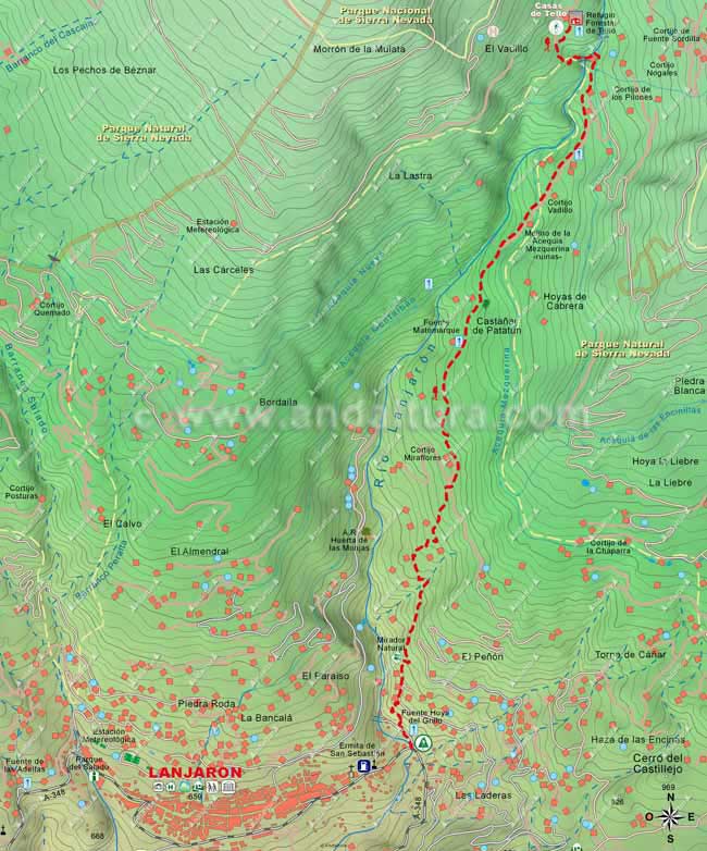 Mapa Cartográfico 1 de la Ruta desde Lanjarón al Cerro del Caballo - Tramo Lanjarón - Casas de Tello