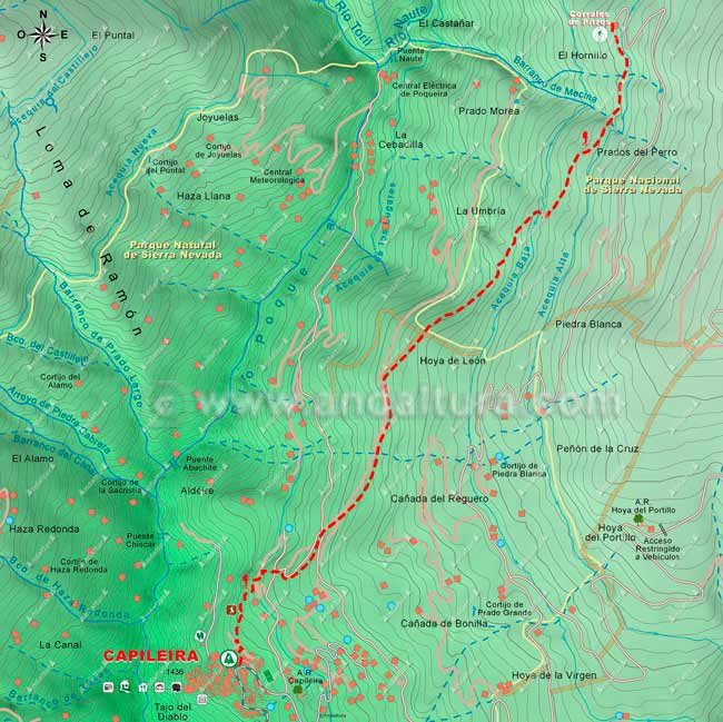 Mapa Cartográfico 1 de la Ruta desde Capileira al Mulhacén - Tramo Capileira - Corrales de Pitres