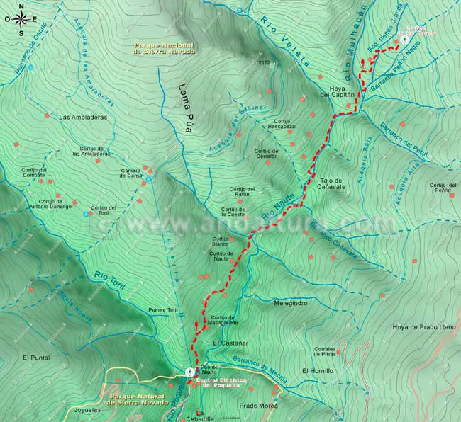 Mapa Cartográfico 2 de la Ruta desde Capileira al Mulhacén - Tramo La Cebadilla - Cortijo de las Tomas