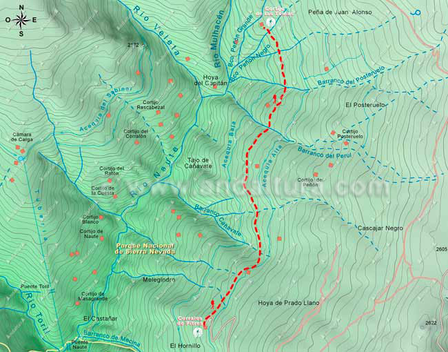 Mapa Cartográfico 2 de la Ruta desde Capileira al Mulhacén - Tramo Corrales de Pitres - Cortijo de las Tomas