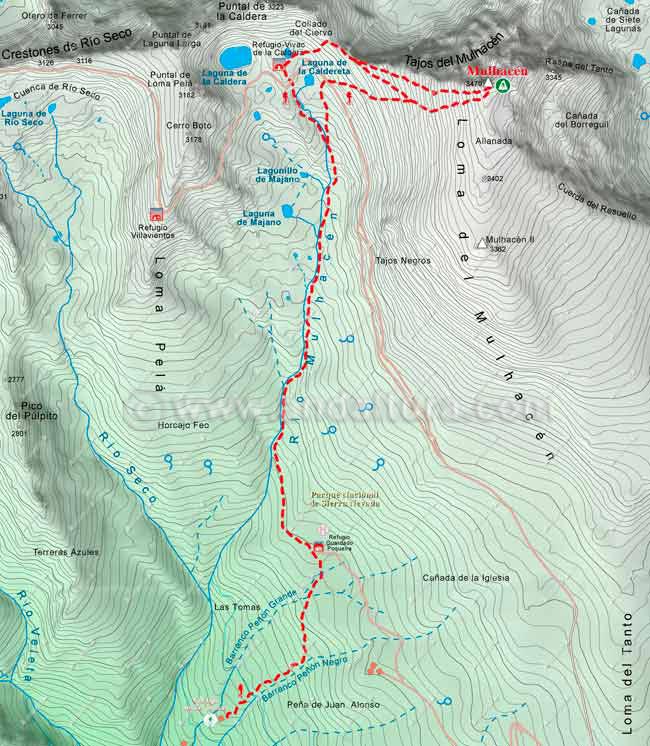 Mapa Cartográfico 3 de la Ruta desde Capileira al Mulhacén - Tramo Cortijo de las Tomas - Mulhacen de la Ruta por la Cebadilla