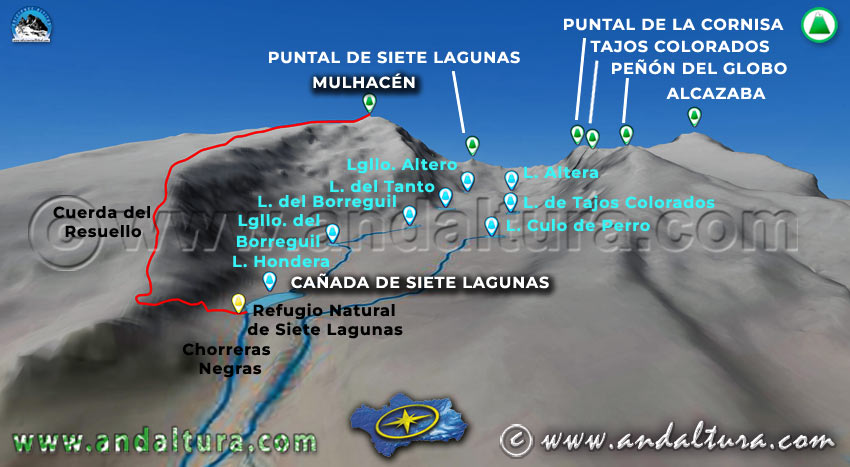 Imagen virtual 3D de la Ruta desde la Cañada de Siete Lagunas al Mulhacén