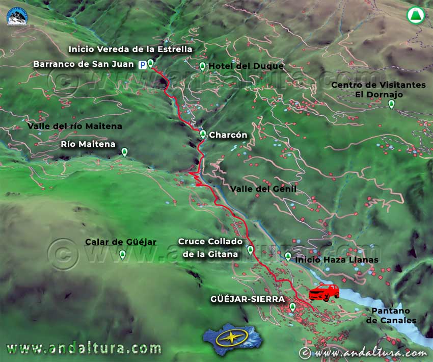 Mapa con la Imagen Virtual en 3D del recorrido de la Ruta de Senderismo y acceso en coche hacia la Vereda de la Estrella y el Barranco de San Juan desde Güéjar-Sierra