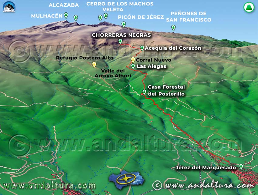 Mapa con la Imagen Virtual en 3D del recorrido de la Ruta de Senderismo del Sendero Solidario del Avión - PR-A 344 desde Jérez del Marquesado a Chorreras Negras