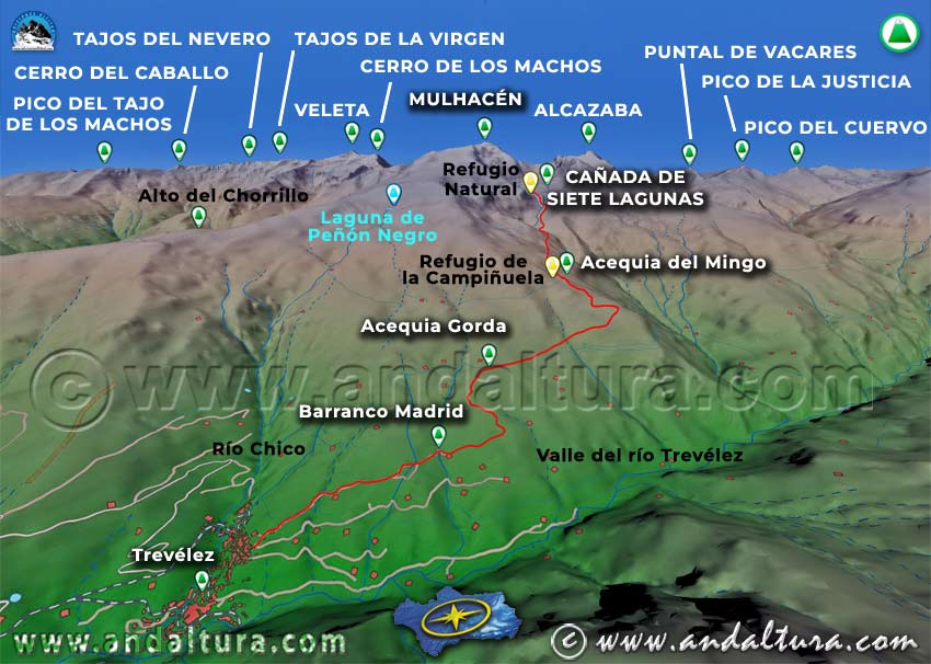 Imagen virtual 3D de la Ruta desde Trevélez al Mulhacén hasta la Cañada de Siete Lagunas