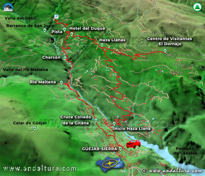 Mapa del Valle del Genil con el acceso a las Canteras de Serpentinas del Barranco de San Juan