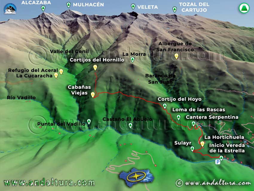 Mapa con una Imagen Virtual en 3D de la Ruta de Senderismo del Barranco de San Juan a los Refugios de Cabañas Viejas y del Hornillo