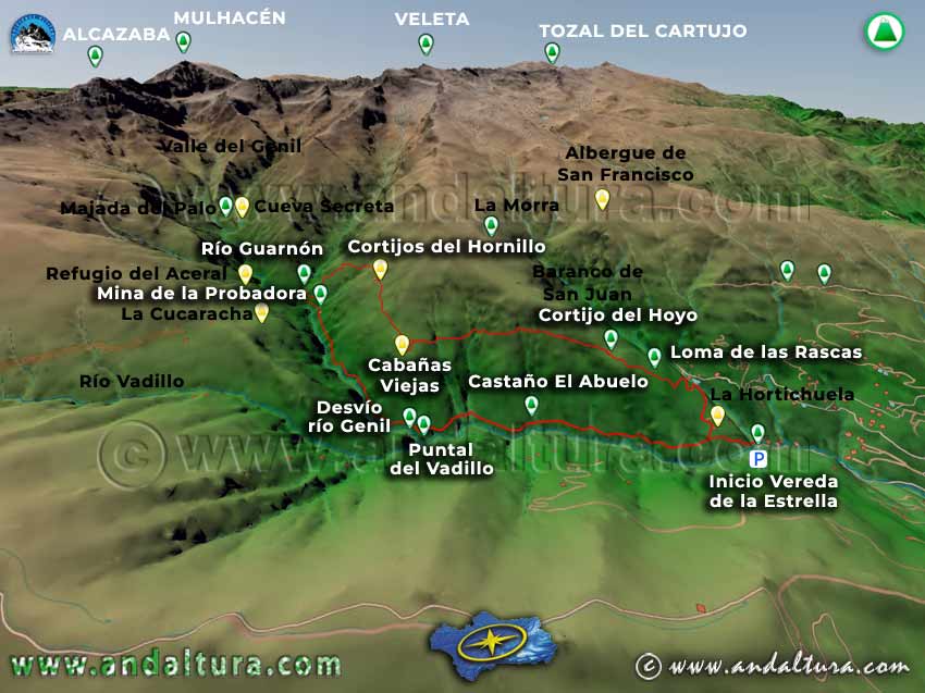 Mapa de Sierra Nevada con una Imagen Virtual en 3D de la Ruta de Senderismo circular a los Cortijos del Hornillo