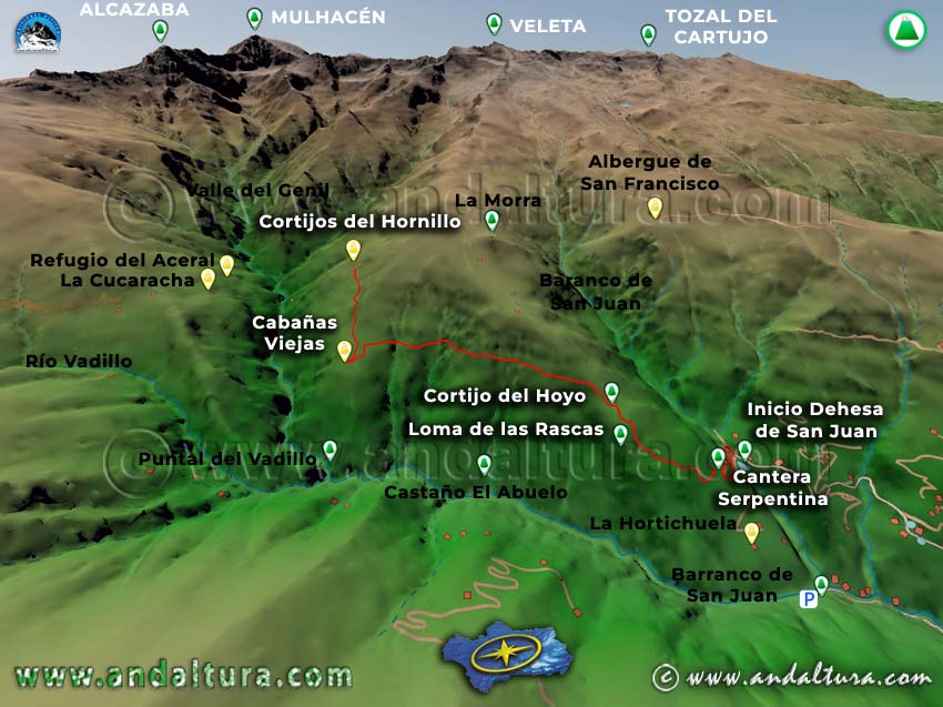 Mapa con una Imagen Virtual en 3D de la Ruta de Senderismo de la Cantera de Serpentina del Barranco de San Juan a los Refugios de Cabañas Viejas y del Hornillo