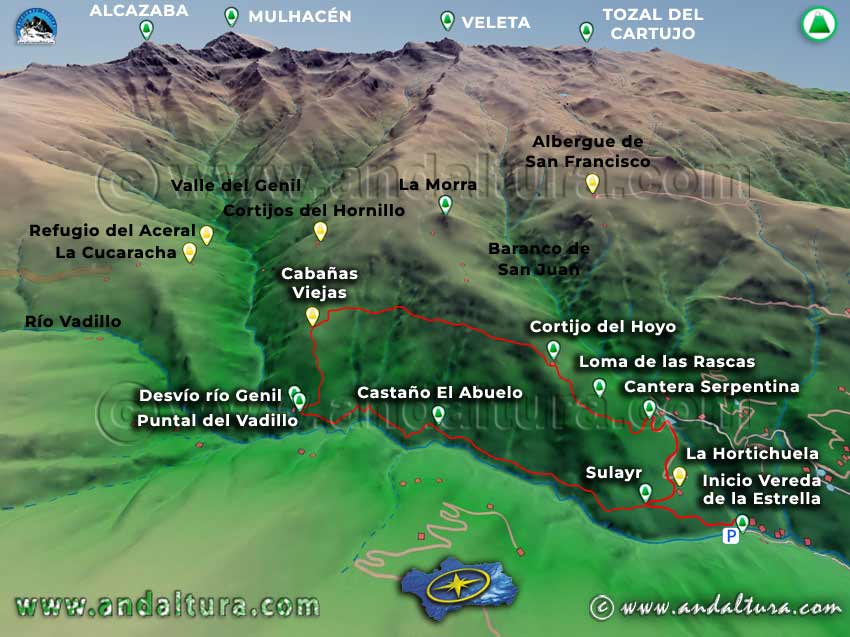 Mapa con una Imagen Virtual en 3D de la Ruta de Senderismo del Barranco de San Juan y el Robledal de la Dehesa de San Juan