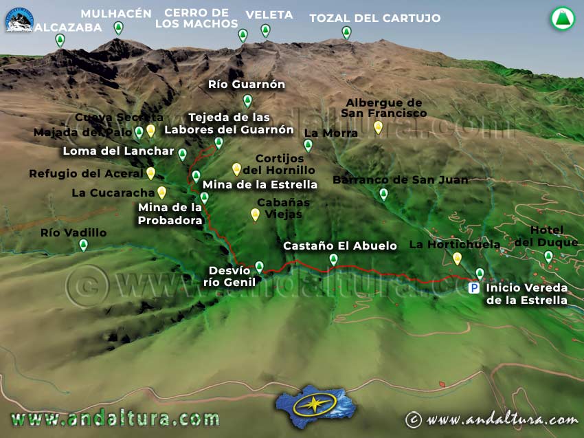 Mapa con una Imagen Virtual en 3D de la Ruta de Senderismo del Barranco de San Juan a la Tejeda de las Labores del Guarnón