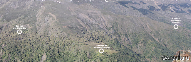 Imagen desde la Loma de Papeles con las indicaciones del Cortijo del Hoyo, Refugio de Cabañas Viejas y Refugio del Hornillo