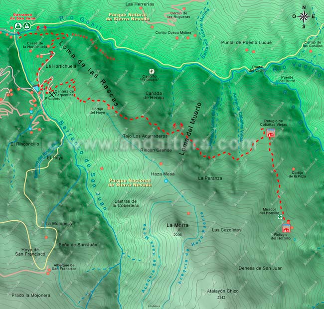 Mapa Topográfico de la Ruta del Barranco de San Juan a los Refugios de Cabañas Viejas y los Cortijos del Hornillo