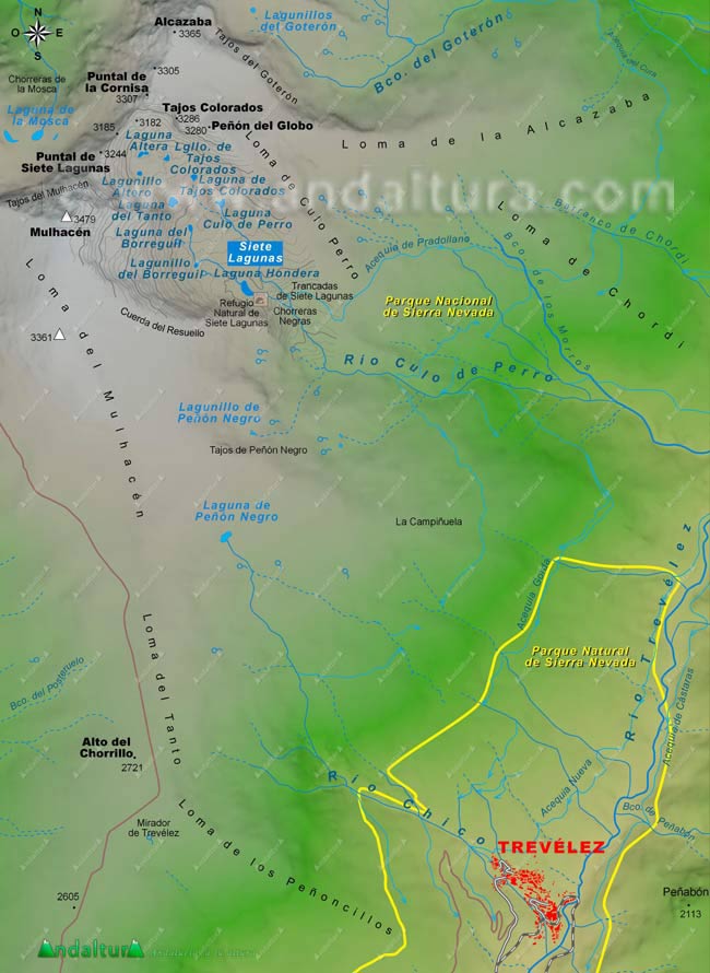 Mapa de Sierra Nevada y las Lagunas de Sierra Nevada con la situación y los nombre de cada lámina de agua de la Cañada de Siete Lagunas