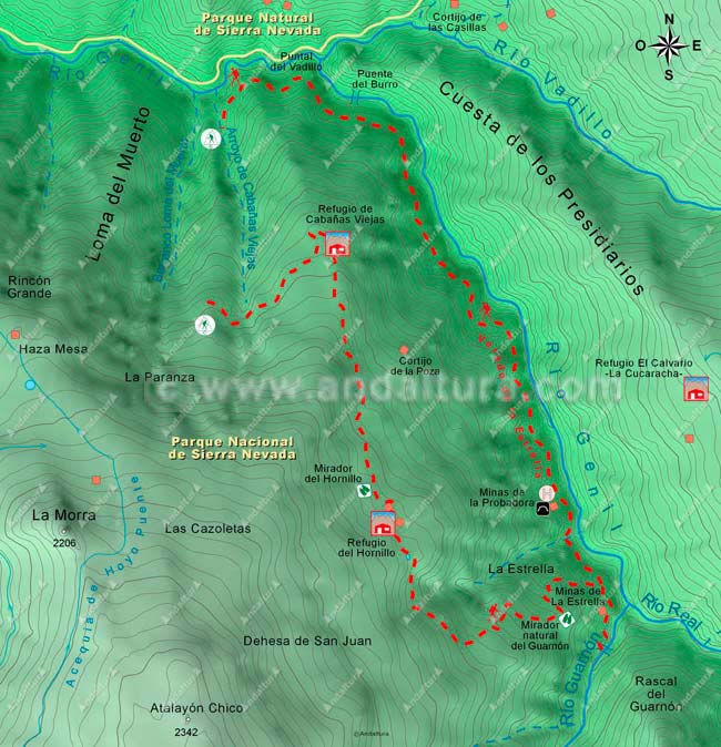 Mapa Topográfico 2 de la Ruta circular del Barranco de San Juan a los Refugios de Cabañas Viejas y los Cortijos del Hornillo