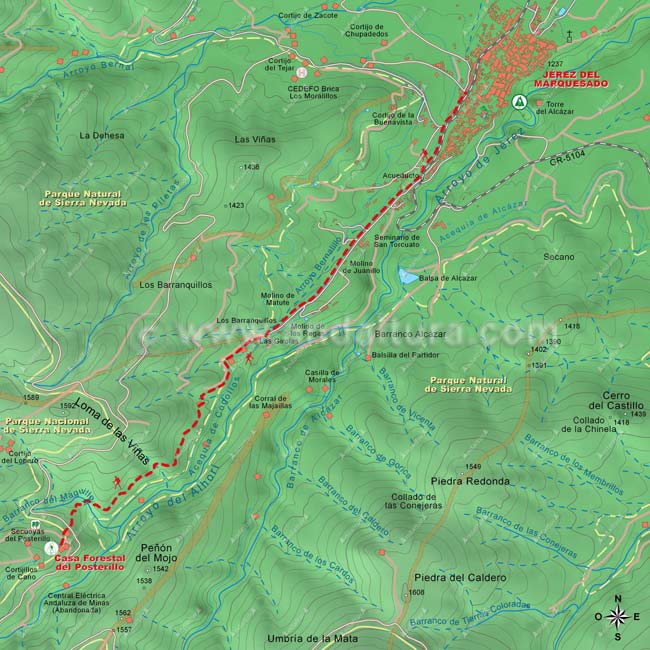 Mapa Topográfico 1 de la Ruta de Senderismo del PR-A 344 Sendero Solidario el Avión - De Jérez del Marquesado a las Paratas de Chorreras Negras desde Jerez del Marquesado a la Casa Forestal del Posterillo