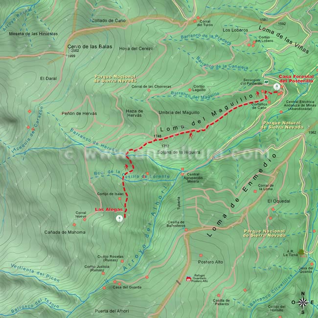 Mapa Topográfico 2 de la Ruta de Senderismo del PR-A 344 Sendero Solidario el Avión - De Jérez del Marquesado a las Paratas de Chorreras Negras desde la Casa Forestal del Posterillo a Las Alegas