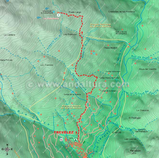 Mapa Cartográfico 1 de la Ruta de Trevélez al Mulhacén - Tramo Trevélez - La Campiñuela