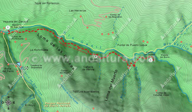 Mapa Topográfico 1 de la Ruta de Senderismo de la Vereda de la Estrella desde el Barranco de San Juan al Puntal del Vadillo