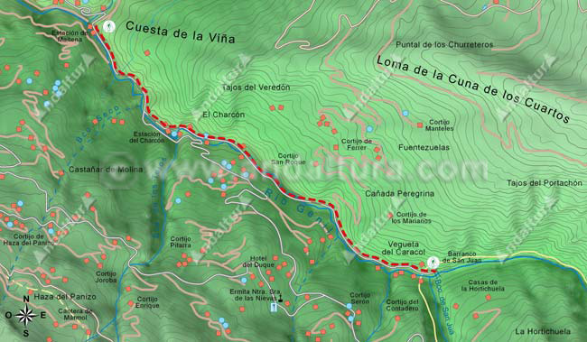 Mapa Topográfico 2 de la Ruta de Senderismo de Güéjar-Sierra al Barranco de San Juan desde la Estación de Maitena al Barranco de San Juan