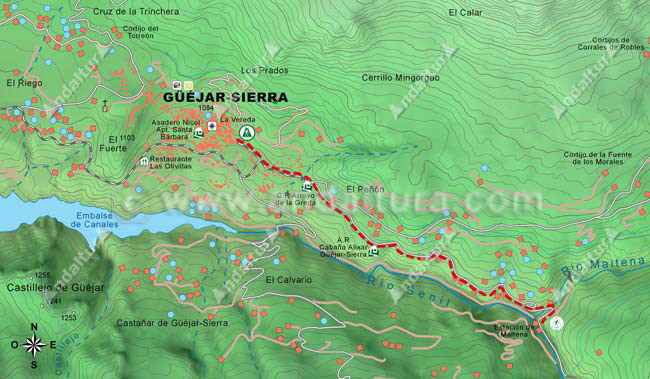 Mapa Topográfico 1 de la Ruta de Senderismo de Güéjar-Sierra al Barranco de San Juan desde la localidad a la Estación de Maitena