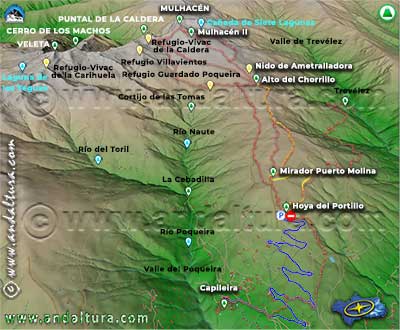 Teclea en el Mapa GIFS para conocer las Rutas, Accesos en Coche y Recorrido de la Lanzadera desde Capileira al Alto del Chorrillo, a la Hoya del Portillo y Rutas Senderistas para coronar el Mulhacén