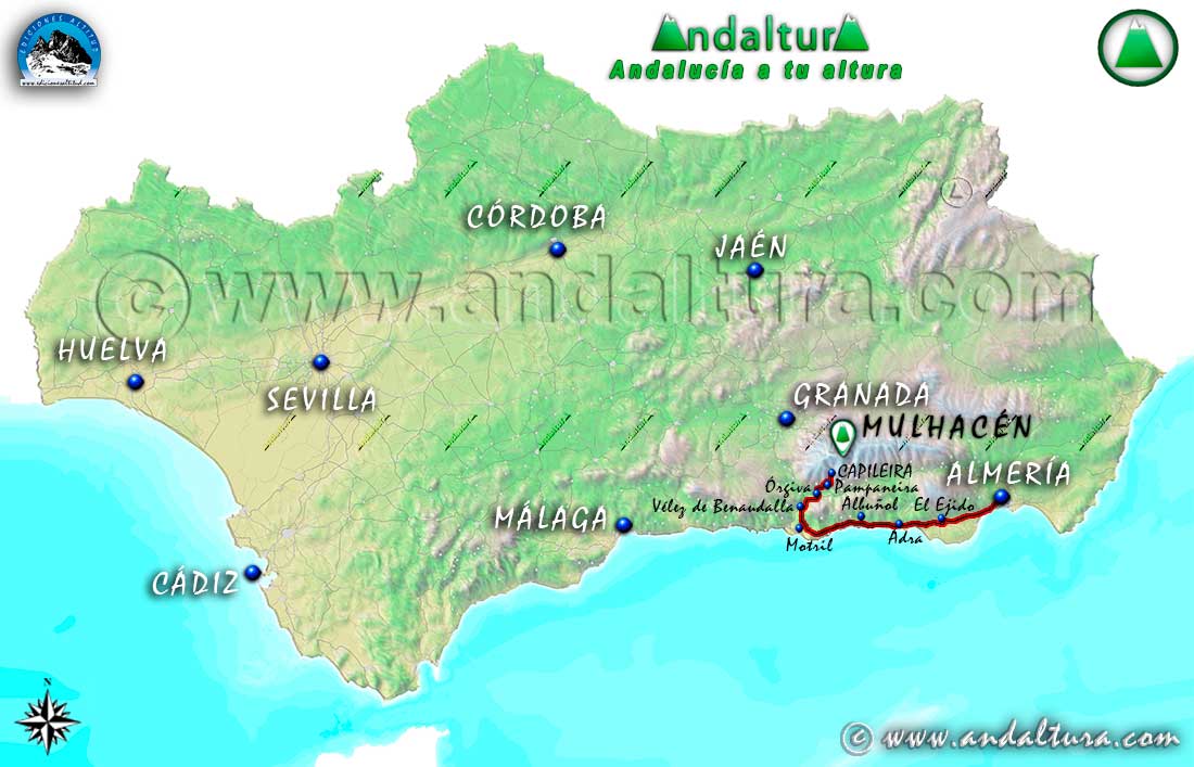 Mapa de accesos desde Almería a Capileira y la Hoya del Portillo para ascender al Mulhacén