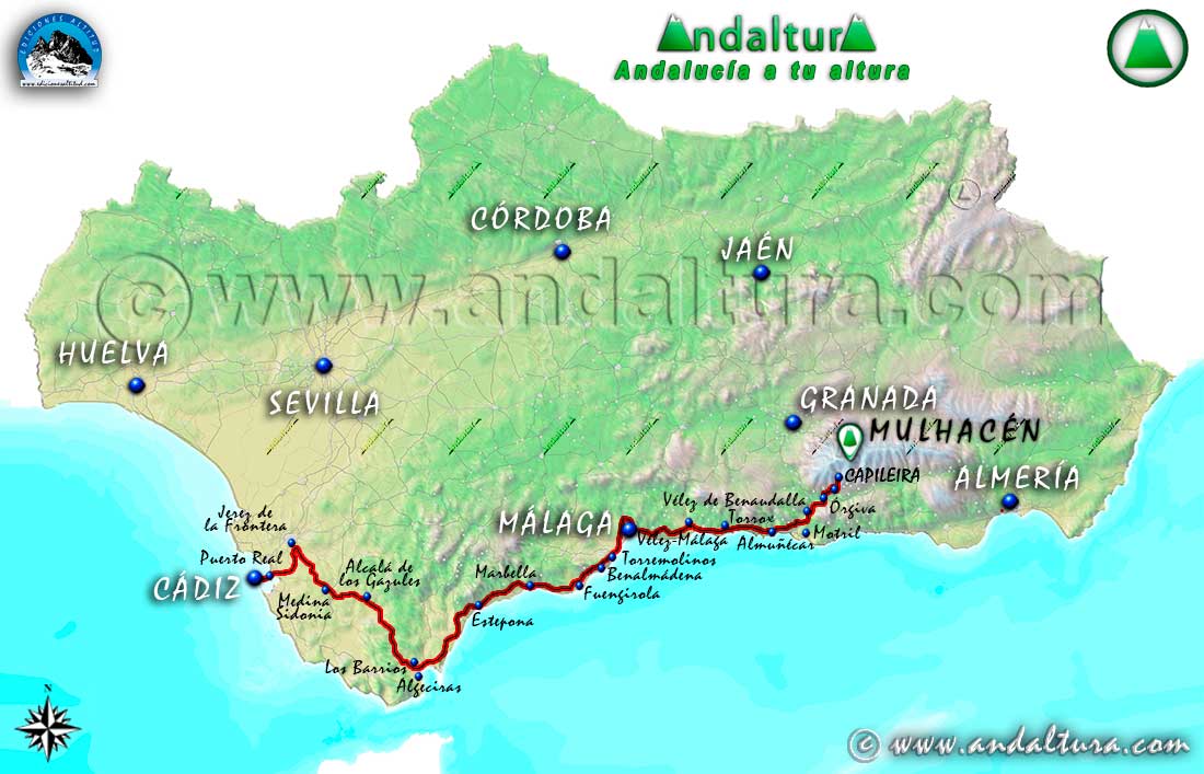 Mapa de accesos desde Cádiz a Capileira y la Hoya del Portillo para ascender al Mulhacén
