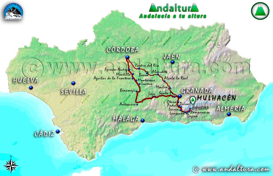 Mapa de accesos desde Córdoba a Capileira y la Hoya del Portillo para ascender al Mulhacén