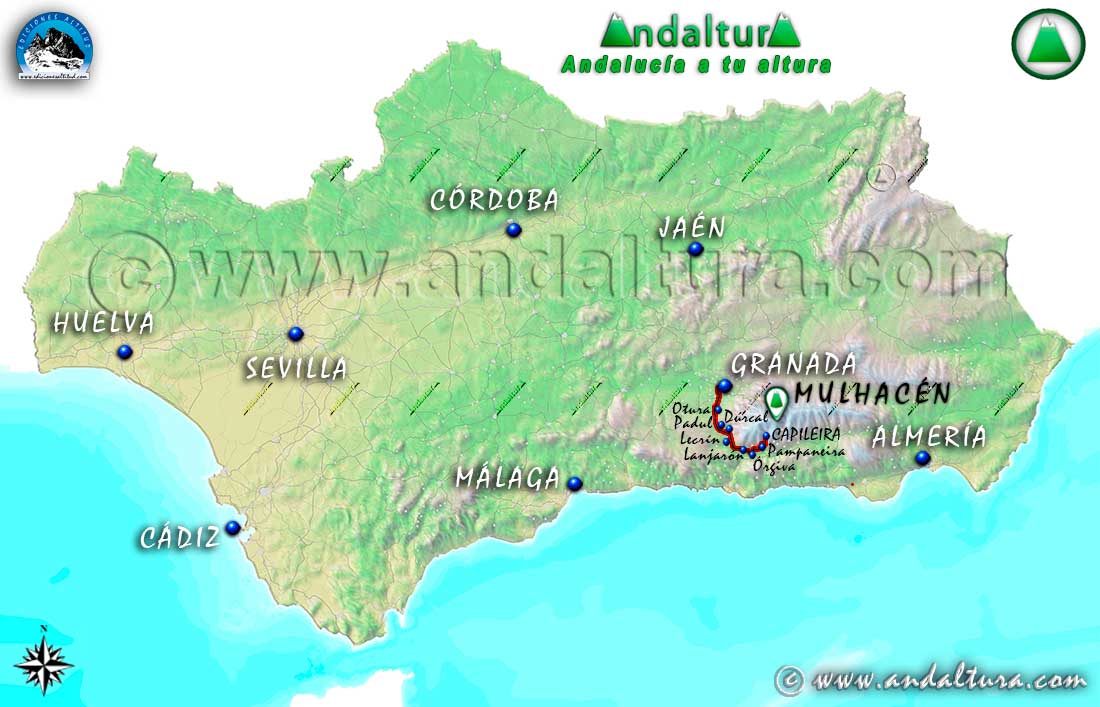 Mapa de accesos desde Granada a Capileira y la Hoya del Portillo para ascender al Mulhacén