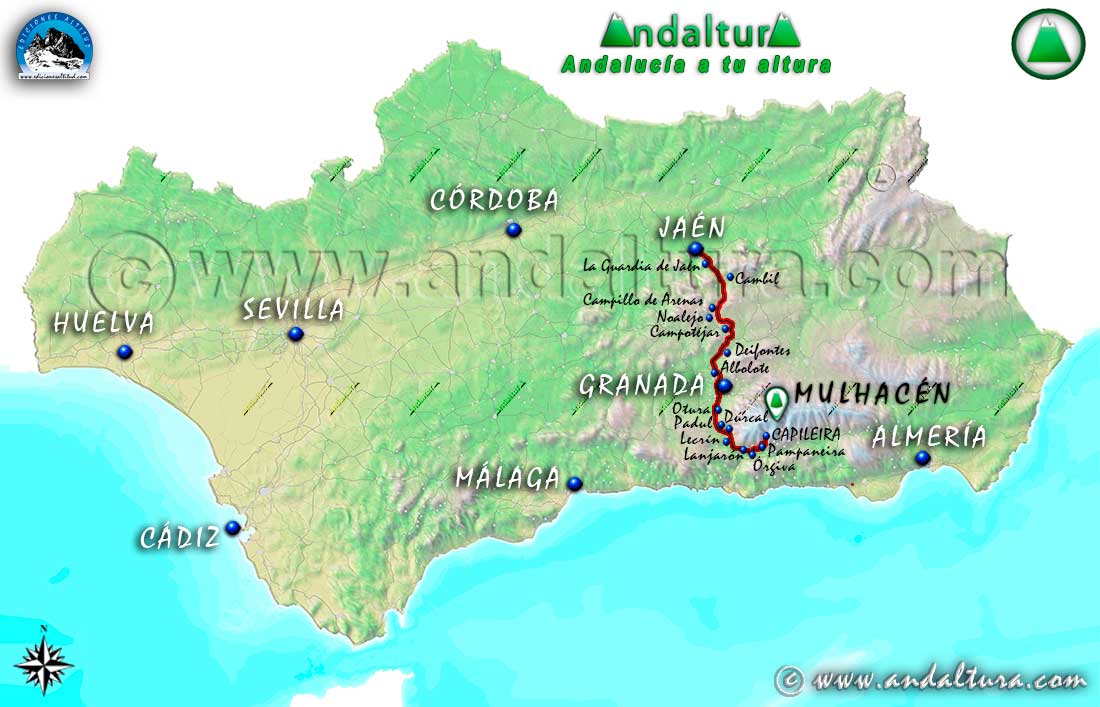 Mapa de accesos desde Jaén a Capileira y la Hoya del Portillo para ascender al Mulhacén